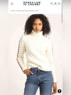 10 Crosby Derek Lam Ivory Cable Knit Turtleneck with Pink Stripe